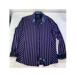 Au Noir Mens Long‎ Sleeve Button Down Shirt Black Purple Striped Paisley Size 4